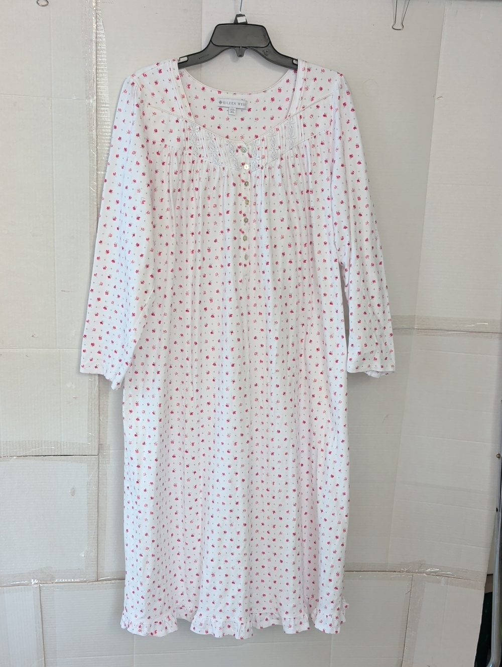 Eileen West White Nightgown w/ Pink Floral Print Cotton Sleepdress SZ XL Cozy